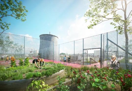 Image of a smart district: plants, buildings and people running and gardening