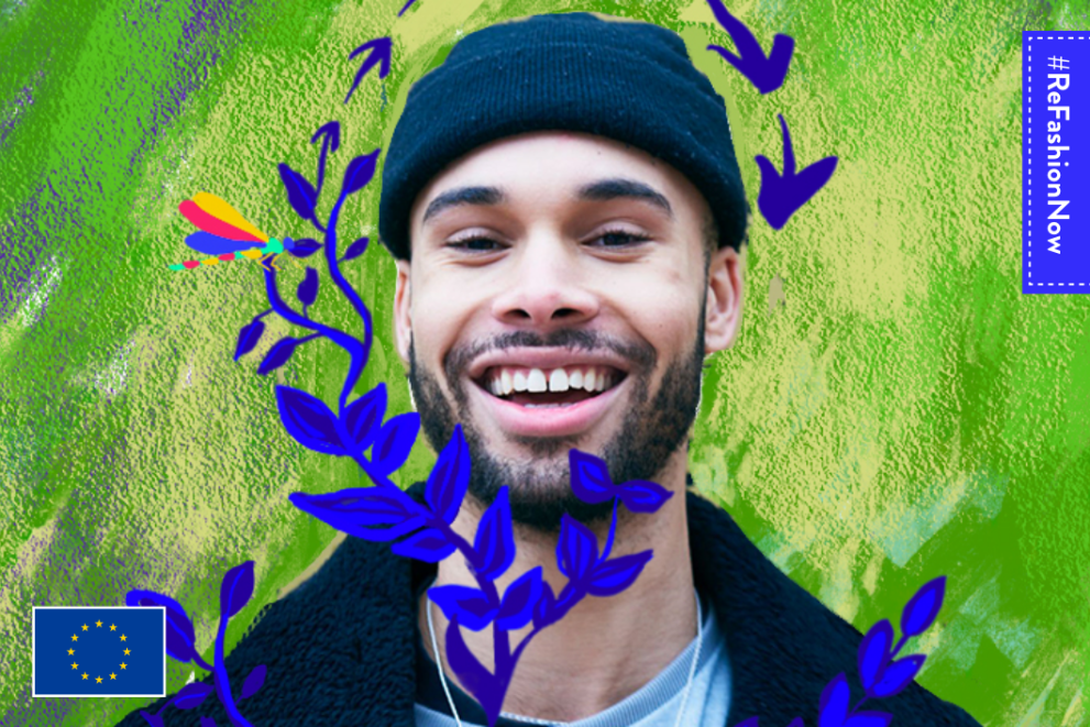 ReSet the Trend - portrait picture of a guy with a woollen bonnet, green background and blue leaves.