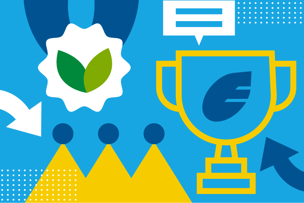 animated picture to reflect EMAS Success Stories - blue background with icons representing a trophy, two green leaves, three yellow triangles