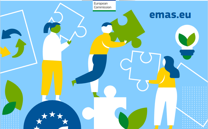 Three people dressed with white, yellow and blue clothes playing with green, white and transparent puzzle pieces on a light blue background. On the left there is the recycle symbol represented with three arrows on a circular way. On the bottom there is a circle with the European flag