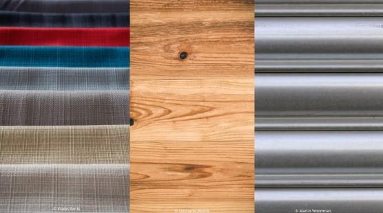 Image showing three different materials: steel, wood and fabric.
