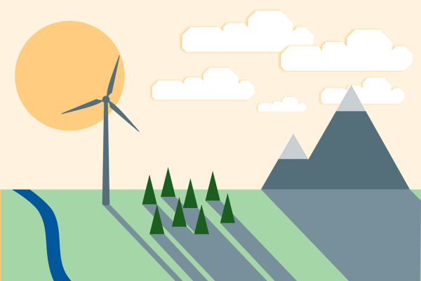 Image of a field with a draw of a mountain, sun, tres, solar wind, and a river